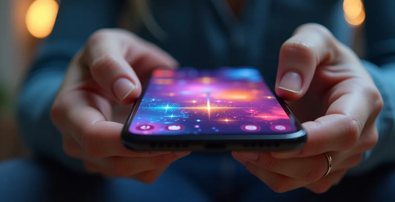 Smartphone tenu en main affichant une interface de jeu épurée, symbolisant une expérience sans publicité ni pop-up.
