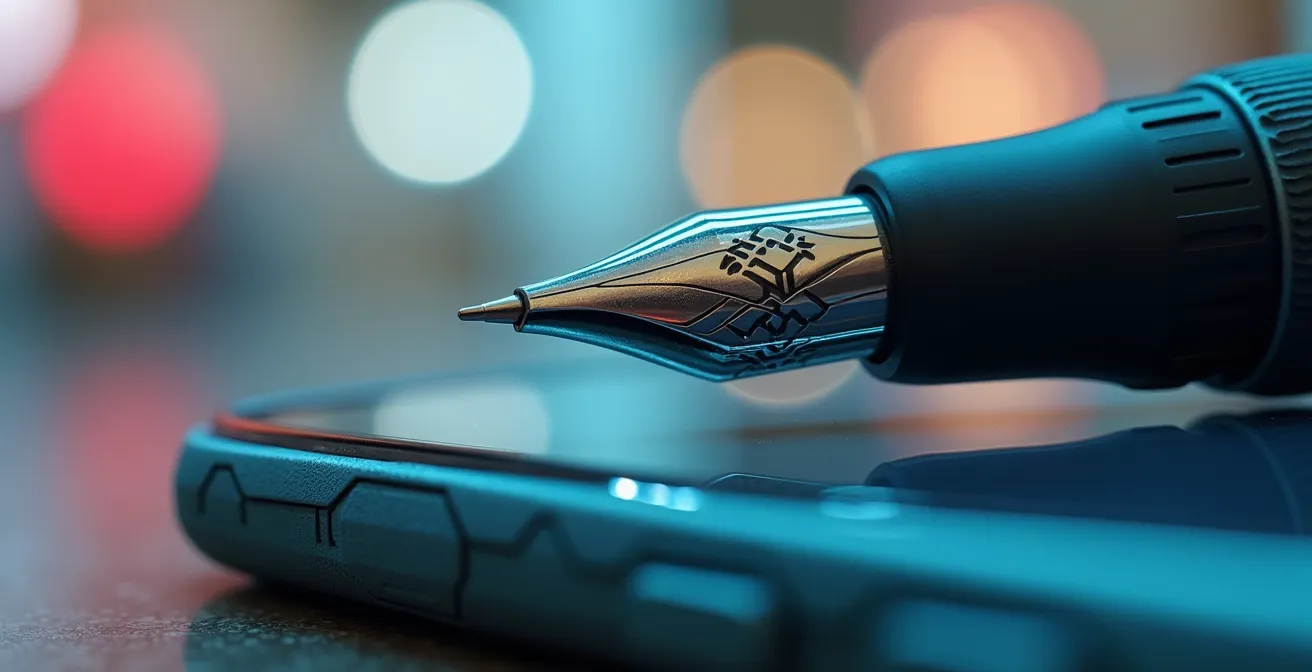 Kit du concouriste avec stylo et smartphone sur fond de supermarché flou