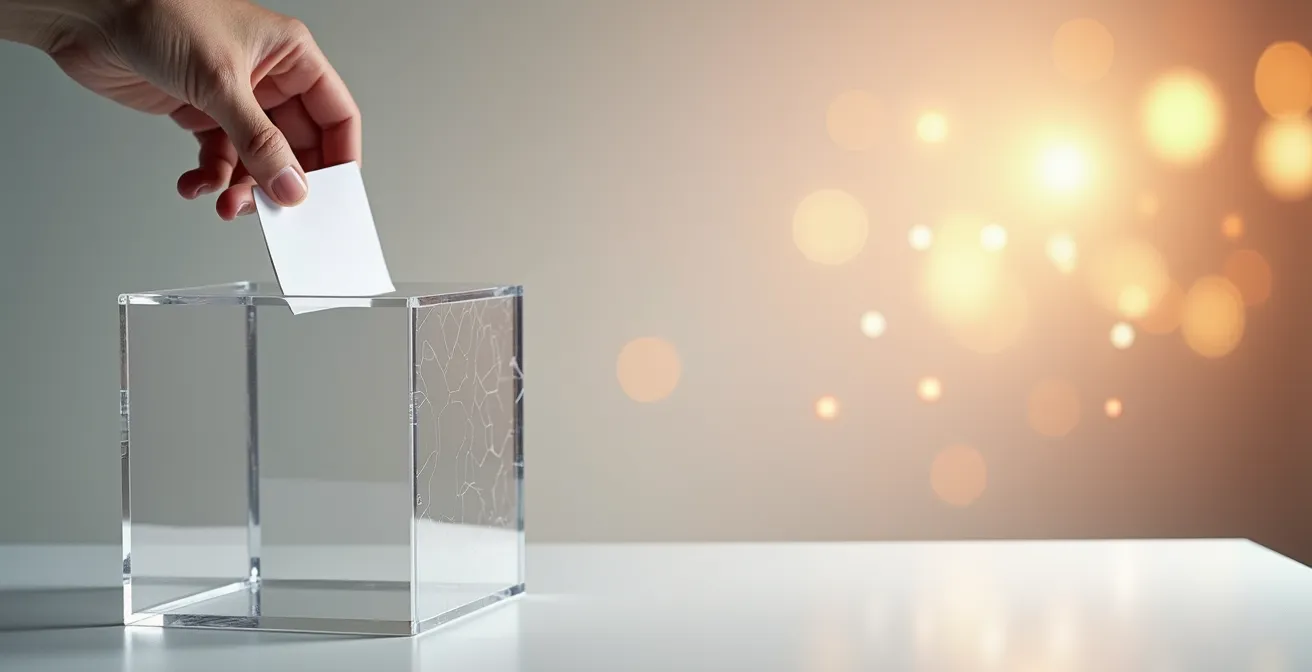 Bulletin de participation glissé dans une urne transparente avec ambiance festive