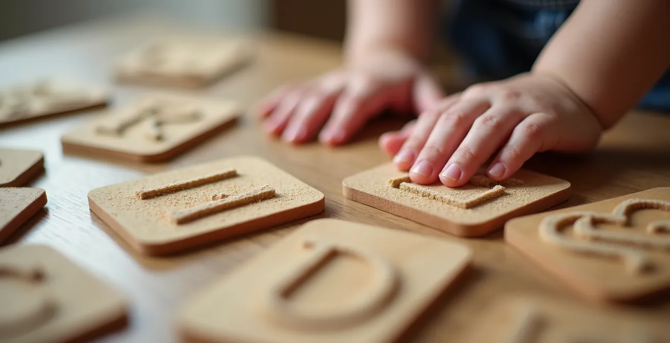 Mains d'enfant traçant des lettres rugueuses sur une planche en bois