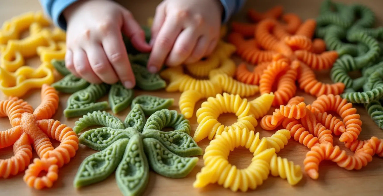 Petites mains d'enfant triant méthodiquement des pâtes colorées sur une table en bois