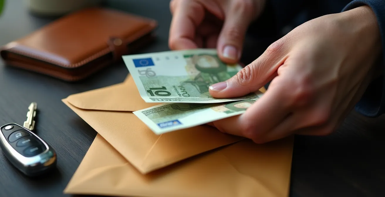 Gros plan sur des mains organisant des enveloppes de budget pour une session de jeu maîtrisée