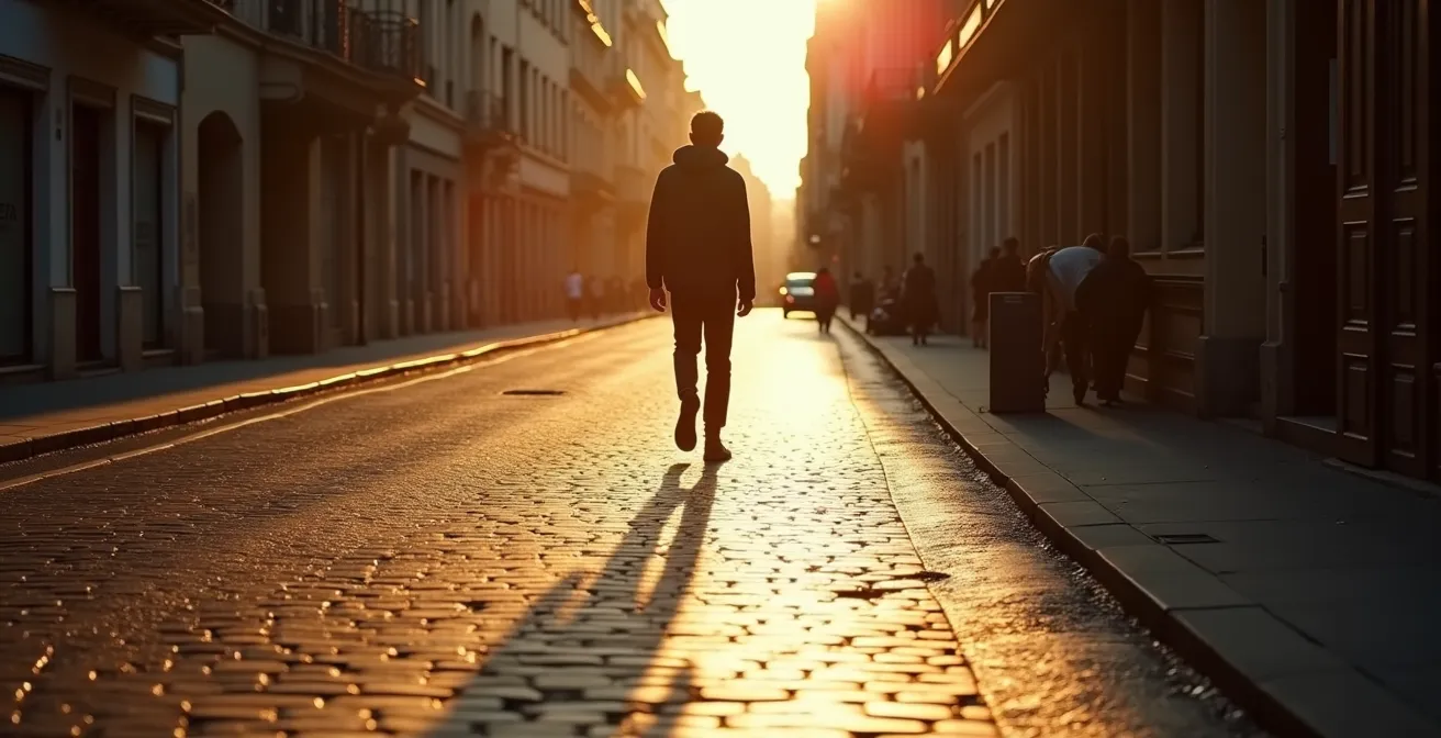 Scène urbaine capturant un instant charnière avec une silhouette en mouvement flou dans une rue parisienne au crépuscule