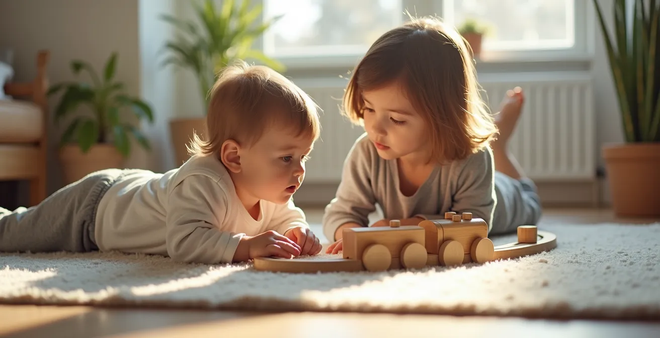 Parent allongé sur le tapis jouant aux petites voitures avec son enfant dans une atmosphère détendue