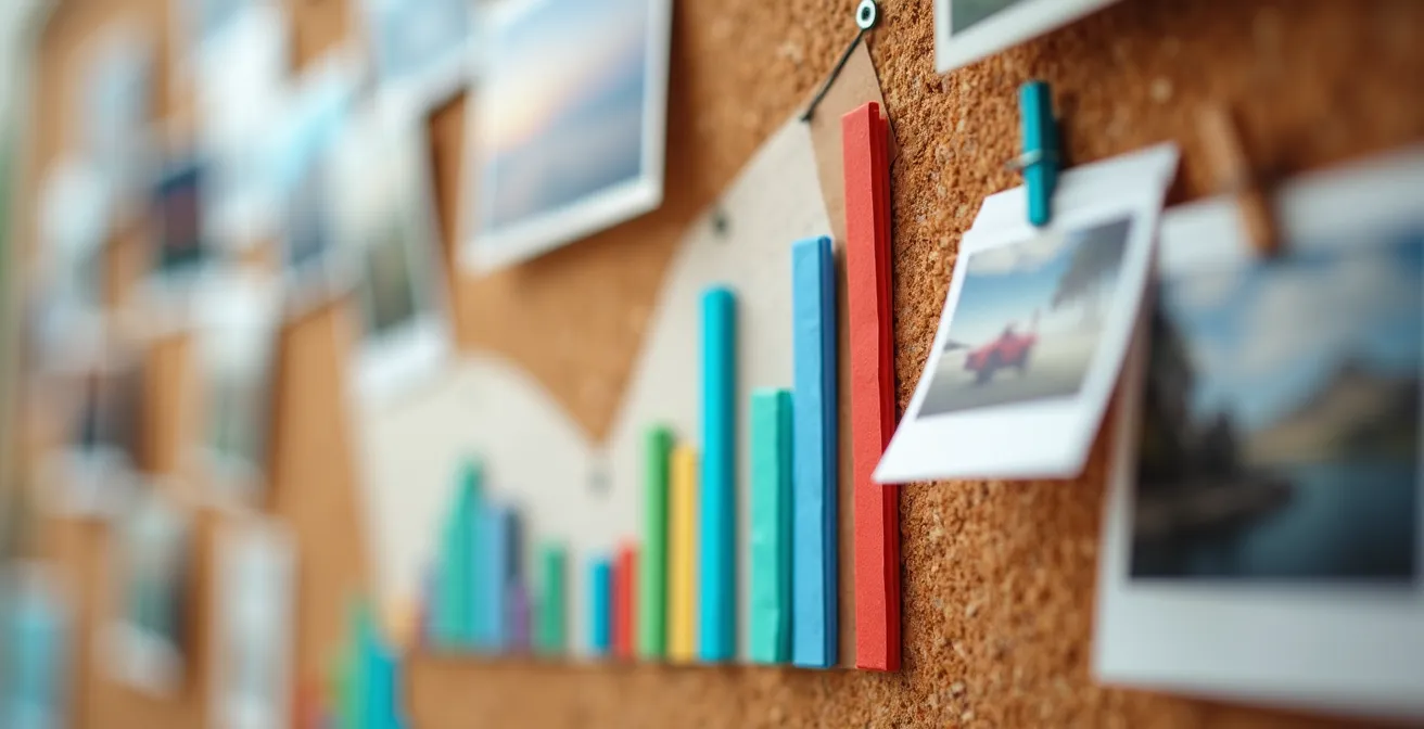 Tableau d'affichage avec photos de destinations de voyage et graphiques de progression d'épargne, créant un rappel visuel des objectifs financiers positifs