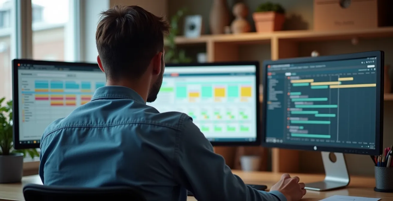Espace de travail numérique d'un concouriste avec multiple écrans et outils de veille