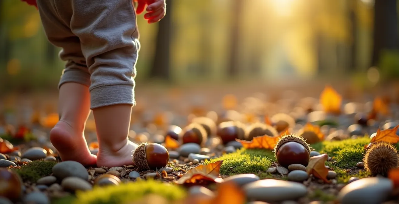 Enfant explorant un parcours sensoriel naturel avec feuilles et marrons en automne