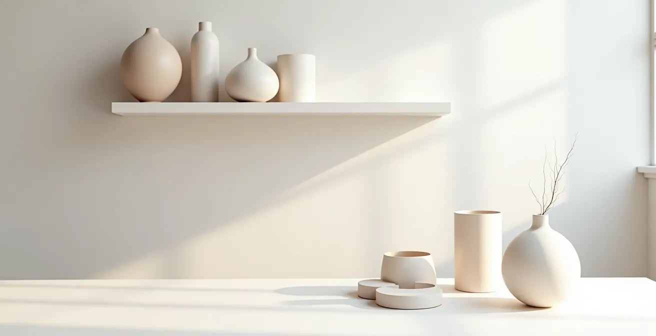 Vue minimaliste d'un espace de vente en ligne épuré avec objets flottants