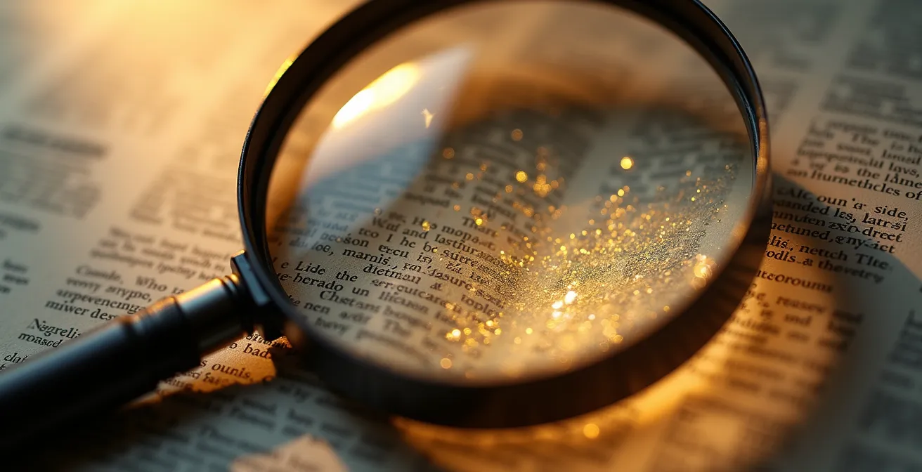 Gros plan macro sur une loupe révélant des détails cachés dans un journal local français
