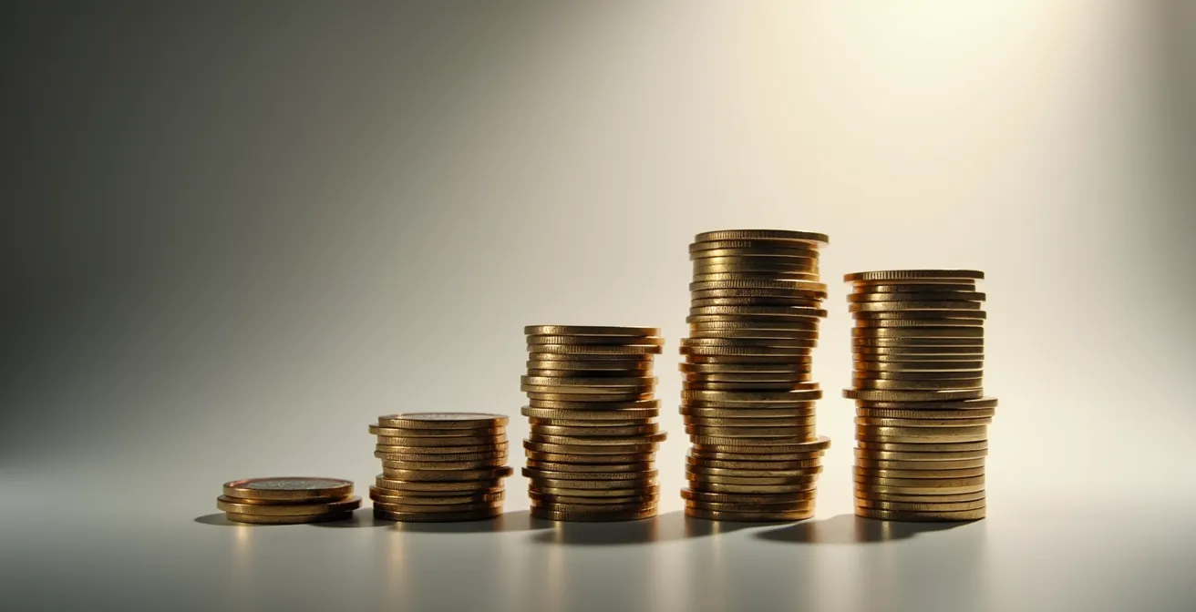 Métaphore visuelle de la répartition d'une mise de 5 euros avec pièces empilées