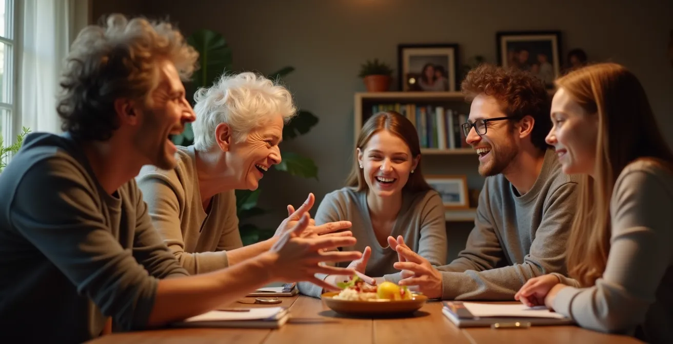 Famille française autour d'une table partageant un moment de rêve et d'espoir