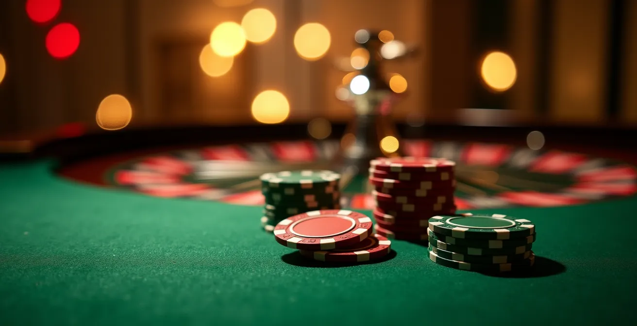 Gros plan sur une table de roulette française avec des jetons disposés sur le tapis vert, ambiance feutrée de casino