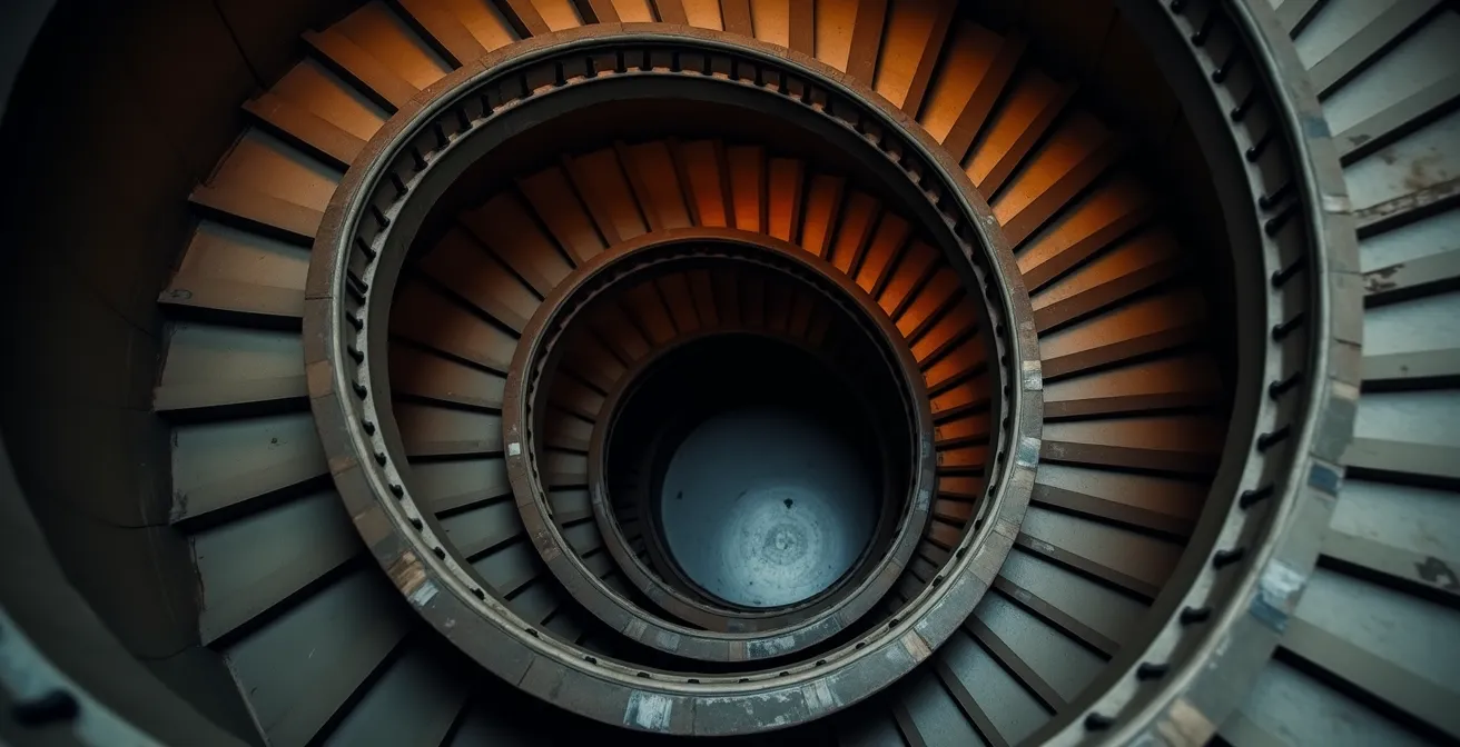 Escalier descendant en spirale photographié du dessus, métaphore visuelle de l'engrenage de l'endettement lié aux emprunts pour jouer