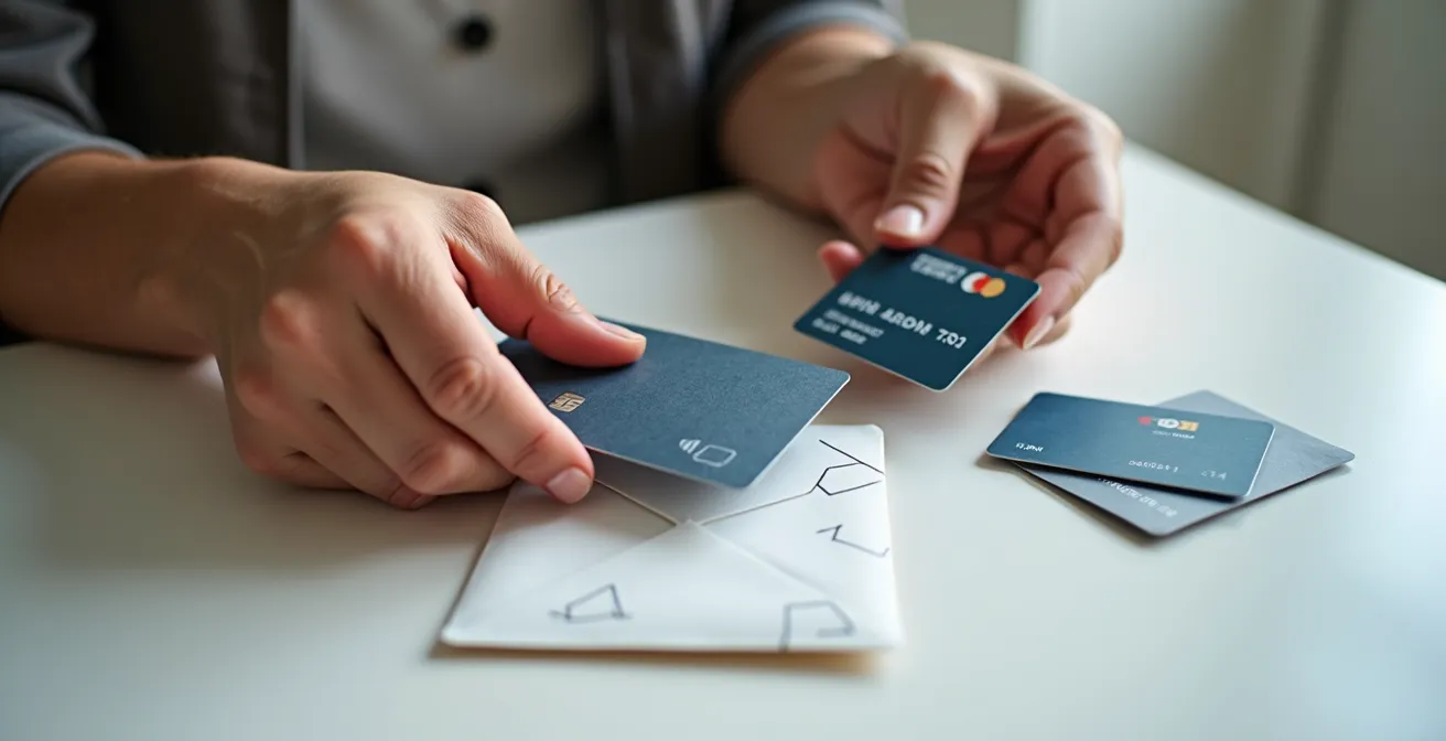 Mains organisant deux cartes bancaires distinctes sur une table, symbolisant la séparation entre compte principal et budget loisir dédié au jeu