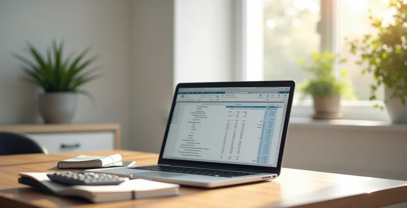 Bureau avec tableur d'analyse floué et calculatrice visible au premier plan