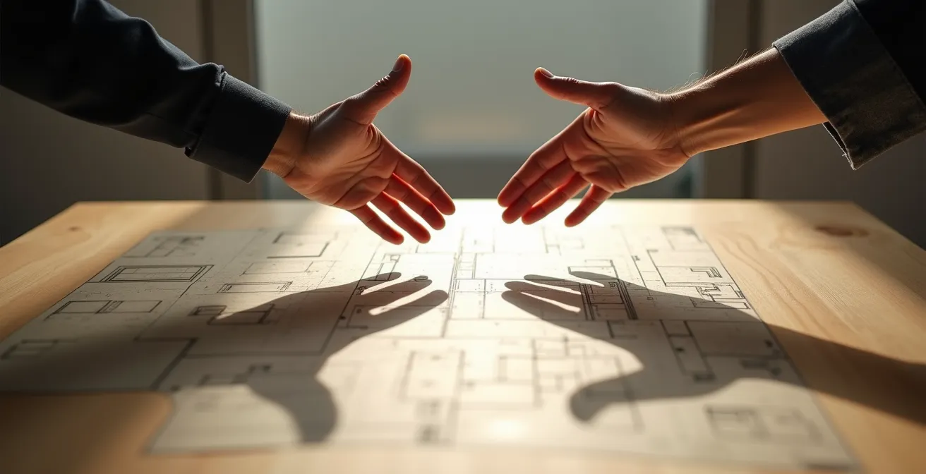 Vue aérienne d'une personne traçant un parcours imaginaire avec ses mains dans l'espace