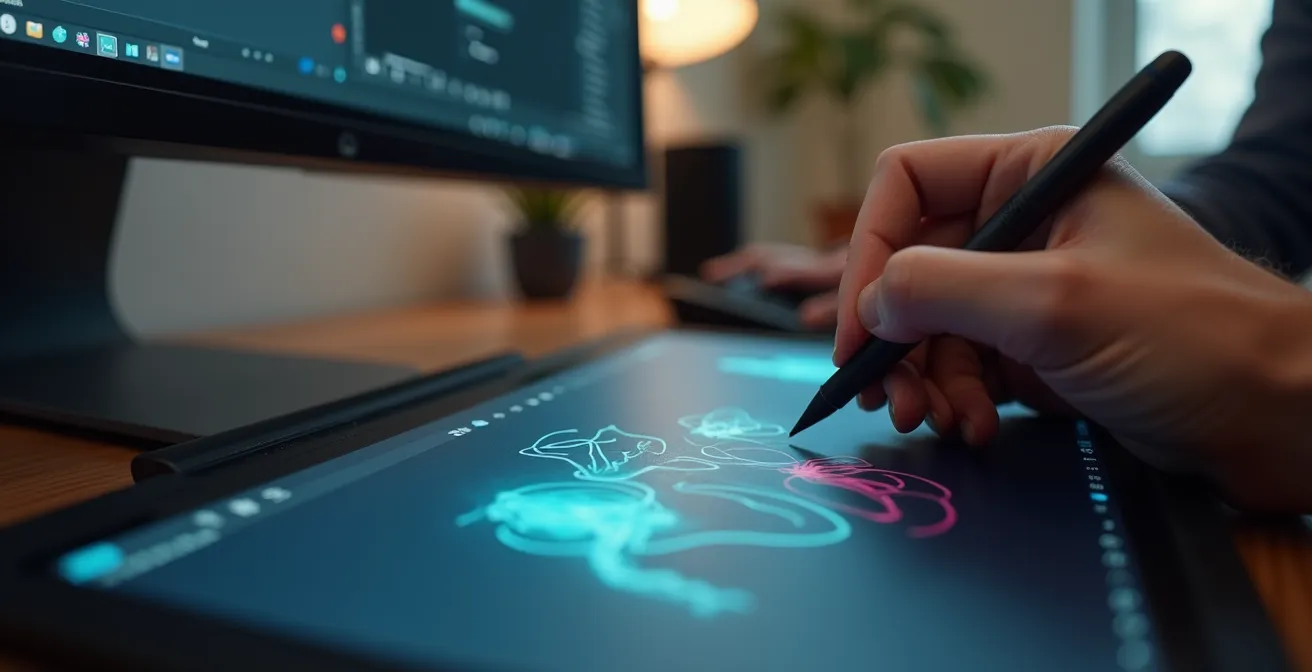 Écran de retouche photo montrant des ajustements subtils sur une image de paysage, vue de trois quarts arrière