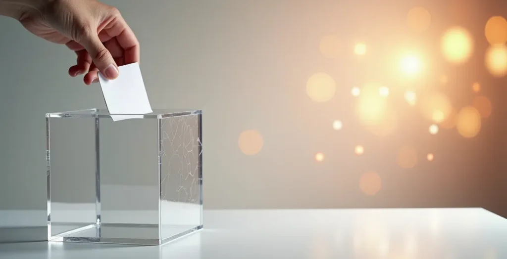 Bulletin de participation glissé dans une urne transparente avec ambiance festive